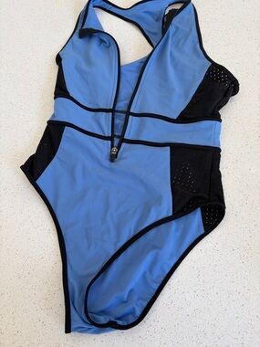 Forever 21 Blue and Black One-Piece Swimsuit with Front Zip